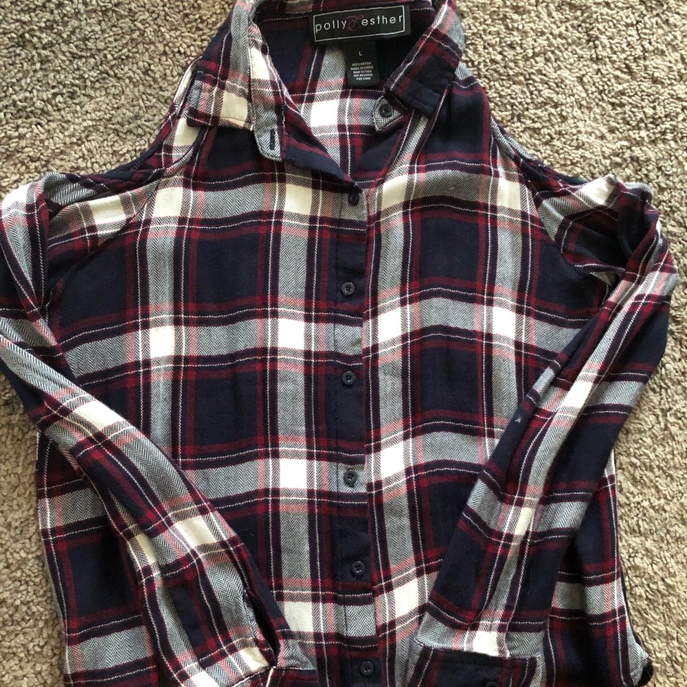 Plaid, cold shoulder button up